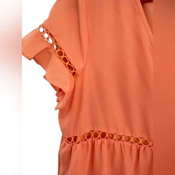 Racheal Coral V-Neck Tiered Mini Dress with Flutter Sleeves Crochet Eyelet Trim - Picture 3 of 7